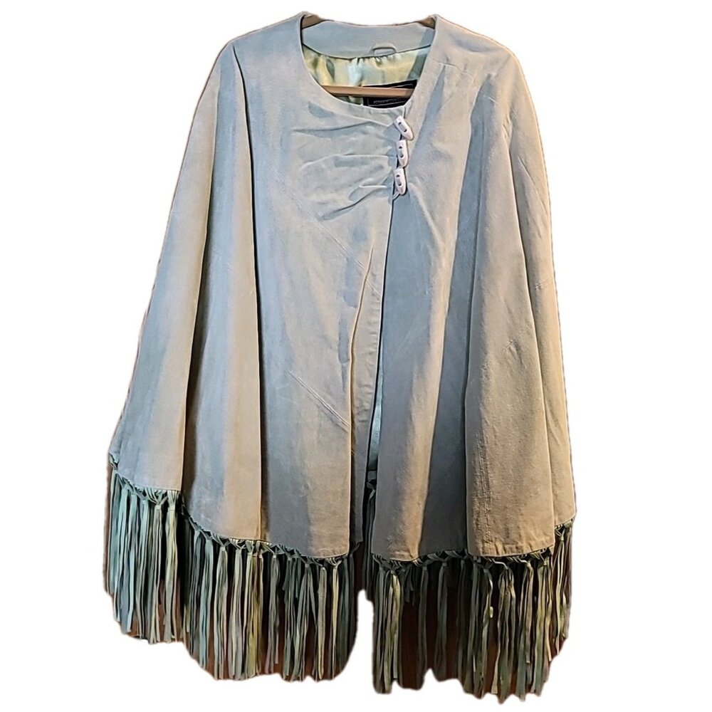 Terry Lewis Classic Luxurie Women Suede Leather Fringe Cape One Size Mint Green